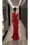 Red One-Shoulder Draped Long Evening Dress with Buckle Accessories 583423