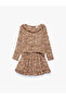 Ruffle Detailed Long Sleeve Crew Neck Leopard Print Dress - 3