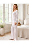 Women's White Pink Floral Patterned Buttoned Collar Long Sleeve Wide Leg Pajama Set - 3