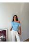 Women's Blue One-Shoulder Boat Neck Side Gathered Oysho Blouse Frv0215 - 5