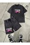 Unisex Anthracite Washed Printed Shorts Set Oversize Comfortable Fit Street Style