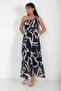 Women's Helen One Shoulder Buckle Detailed Lined Abstract Pattern Long Chiffon Dress - 3