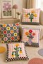 Checkered Flowers Patterned 4-Piece Throw Pillow Cover Set
