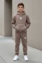 Brown Boy's Hooded Tracksuit Set with Kangaroo Pockets and Stripe Detail 24617 - 2