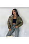 Women's Shiny Khaki Stand-Up Collar Zip-Up Short Puffer Coat - 5