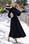 Buttoned Black Dress with Elastic Waist - 3