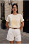 Women's Beige Loose Fit Foam Embroidery Design T-Shirt