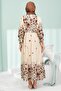 Beige Half-Buttoned Layered Dress with Elastic Sleeves - 5