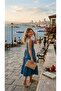 Women's Blue Denim Look Sleeveless V-Neck Buttoned Layered Long Dress with Pockets