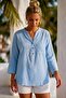 Baby Blue Hakim Collar 3/4 Sleeve Buttoned Embroidered Casual Muslin Woven Blouse 68 55