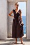 Brown Double-Breasted Collar Sleeveless Robe with Elastic Shoulder Gathering Casual Muslin Long Woven Dress 120 52