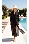 Women's Black Jacquard Chiffon Checkered Floral Detailed Transparent Pareo Kimono Belted Beachwear
