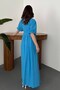 Women's Blue Double-Breasted Collar Belted Balloon Sleeve Slit Muslin Maxi Dress - 5