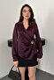 Women's Plum Satin Blouse Shirt with Collar, Double-Breasted Button Detail, Long Sleeves - 2