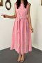 Women's Pink Midi Dress with Floral Embroidery, Belted, Gathered, Lined, A-Line - 3