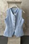 Women's Blue V-Neck Buttoned Waist-Fitted Vest with Fleto Pockets and Lining - 5