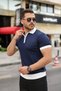Men's Collar and Sleeve Detailed Zipper Collar Stripe Pattern Short Sleeve Knitwear T-Shirt - 2