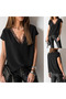 Women's Short Sleeve Lace V-Neck Sandy Blouse - 3