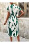 Women's Green Patterned Belted Shirt Collar Short Sleeve Midi Length Casual Dress - 4