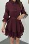 Women's Burgundy Mini Shirt Collar Buttoned Belted Lace Detailed Flared Dress - 4