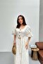 Women's White Midi Dress Square Collar Balloon Sleeves Belted Three Buttons Textured - 3