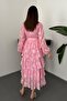 Women's Pink Dress Layered Flounce Floral Patterned Belted Buttoned High Neck Midi - 5