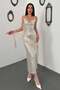 Women's Beige Sequined Chiffon Ruffle Detailed Strappy V-Neck Midi Event Dress - 2