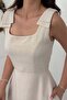 Women's Beige Bow Strap Square Neck Fitted Waist Flared Maxi Dress - 3