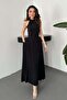 Women's Black Halter Neck Sleeveless Lined Waist-Fitted Long Flared Dress