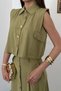 Women's Olive Vest Skirt Set with Shirt Collar, Cropped Buttons, and Long Skirt - 4
