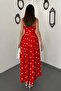 Women's Red Strapless Polka Dot Pleated Pocketed Lined Long Flared Dress - 5