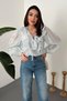 Women's Blue Ruffle Tie Detailed V-Neck Balloon Sleeve Woven Blouse