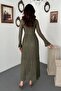 Women's Khaki Long Sleeve Lined Lace Maxi Dress Crew Neck Flared Skirt - 5