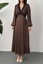 Women's Brown Polka Dot Lace Detailed V-Neck Long Sleeve Satin Maxi Dress - 5