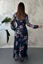 Women's Navy Blue Floral Patterned Chiffon Shirt Collar Belted Long Sleeve Maxi Dress - 5