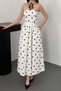 Women's White Strapless Polka Dot Midi Dress with Gathered Waist and Flared Skirt with Lining - 4