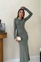 Women's Khaki Long Bodycon Dress Crew Neck Long Sleeve Straight Cut - 3