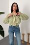 Women's Mint Ruffle Tie Detail V-Neck Balloon Sleeve Woven Blouse - 2