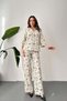 Women's Beige Shirt-Pants Set Embroidered Shirt Pants Set Wide Leg Cotton - 2