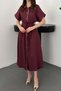 Women's Burgundy Linen Belted Buttoned Pocket Detailed Midi Shirt Dress - 4
