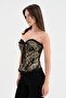 Women's Underwire Gold Jacquard Fabric Detailed Strapless Design Corset - 3