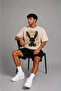 Beautiful Printed Beige T-Shirt and Black Shorts Set, Loose and Comfortable, Plus Size. - 4