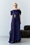Navy Blue Boat Neck Stone Embroidered Drapeli Long Evening Dress