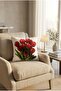 Decorative Red Tulip Printed Cushion Cover with Piping Detail and Digital Print Floral Pattern - 2