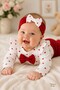 Baby Girl 3-Piece Set - Heart Print Ruffle Bow Bodysuit, Pants, and Bandana Set - 3