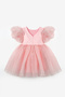 Pink Balloon Sleeve Girls' Satin Dress - Dona - 6
