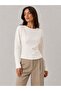 Women's Ribbed Front Detailed Long Sleeve Crew Neck Modal Blouse Ecru