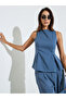 Blue Sleeveless Pinstriped Pleated Blouse