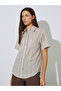 Beige Striped Longline Short Sleeve Shirt - 3