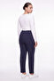 Women's Navy Blue Winter High-Waisted Trousers with Stone Detail on the Cuffs and Waist - 4